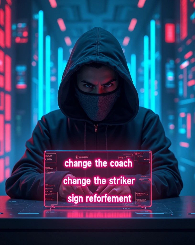 A cyberpunk scene featuring a hacker wearing a hood and a fabric mask covering his mouth and nose, viewed from a front-facing angle behind a translucent panel. The hacker stands in a high-tech AI control room, intently observing a digital poll or survey displayed on the panel. The panel glows with neon light and shows three alternatives in bold, digital font: 'CHANGE THE COACH,' 'CHANGE THE STRIKER,' and 'SIGN REINFORCEMENT'. The translucent panel is adorned with sleek, glowing data streams and interactive elements. The background is filled with towering servers, holographic interfaces, and flowing data streams, all illuminated by vibrant neon colors. The hacker’s face is partially shadowed, with intense eyes visible through the mask, seen from behind the panel, blending with the futuristic and mysterious atmosphere of the AI-driven environment