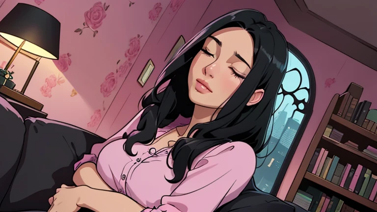 Beautiful woman in her 30s with black hair is sitting on the sofa. Looking down, eyes closed, LOFI girl, alone in the room, blouse, cozy wallpaper, big cushion, bookshelf, relaxing mood, night core, cozy, wide glass window with skyscrapers, outside view at night, only five fingers, pink wall, Well-proportioned face,
