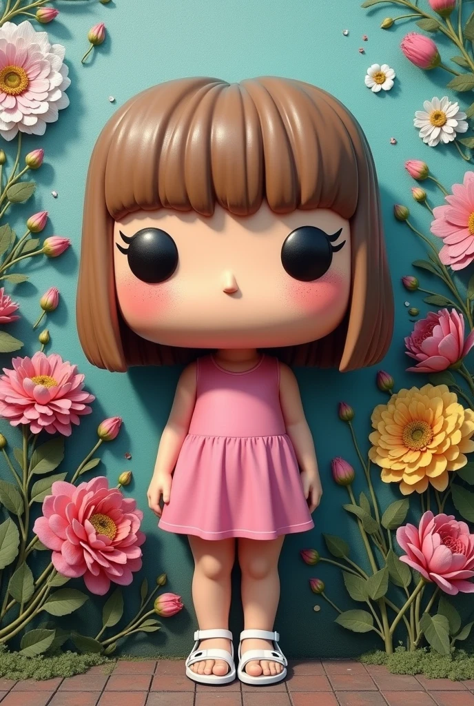 grafitize solo
masterpiece, best quality, intricate details, highly detailed raw photography, Photorealism, photorealistic, soft focus, volumetric lighting, volumetric shadows, cinematic light, large-scale, create a funko pop of a 3 girl, straight light brown hair,  skin fair, freckles on the face, lightbrown eyes , pink dress, short and chubby, white sandals Funko must be presented in a flower setting.
