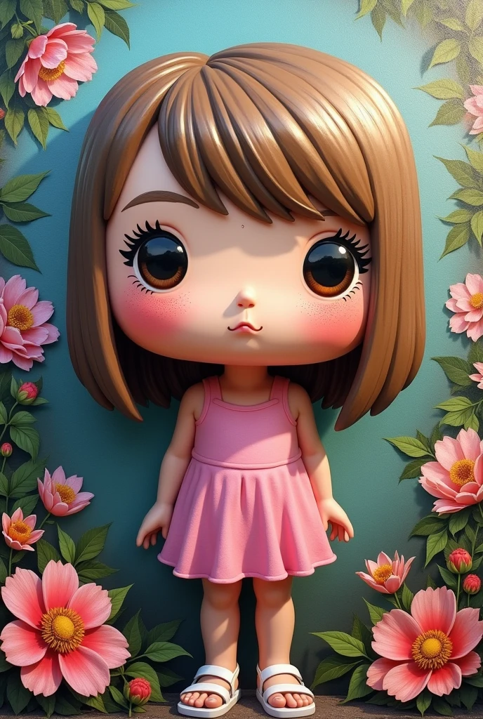 grafitize solo
masterpiece, best quality, intricate details, highly detailed raw photography, Photorealism, photorealistic, soft focus, volumetric lighting, volumetric shadows, cinematic light, large-scale, create a funko pop of a 3 girl, straight light brown hair, skin fair, freckles on the face, lightbrown eyes , pink dress, short and chubby, white sandals Funko must be presented in a flower setting.