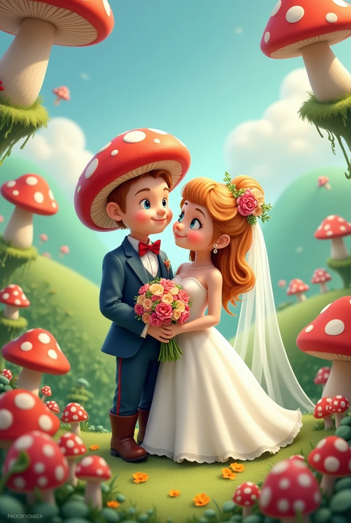 Groom with mushroom hair and bride at their Nintendo style wedding