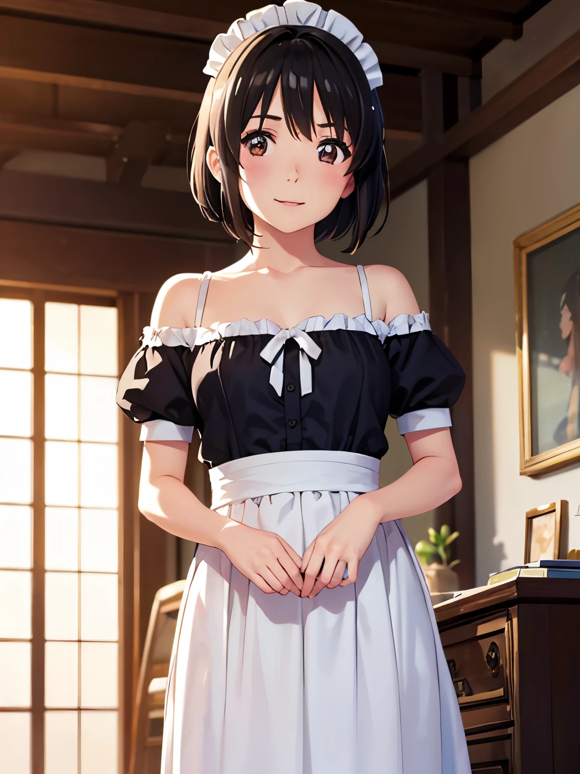 Highest quality,Otome、(Anime illustration style:1.3),Mitsuha Miyamizu、Shooting from the front、smile、indoor、High resolution、Standing, Mitsuha、One girl, bangs, Black Hair, short hair, blush, Brown eyes, Looking at the audience, Girl wearing maid clothes, Off the shoulder,Attractive eyes、Detailed eyes、Colorful eyes、Shine瞳,victorian maid outfit、Long skirt, (Very detailed, bloom, Shine)、(Genuine、Realistic、Realistic)、High resolution、超High resolution
