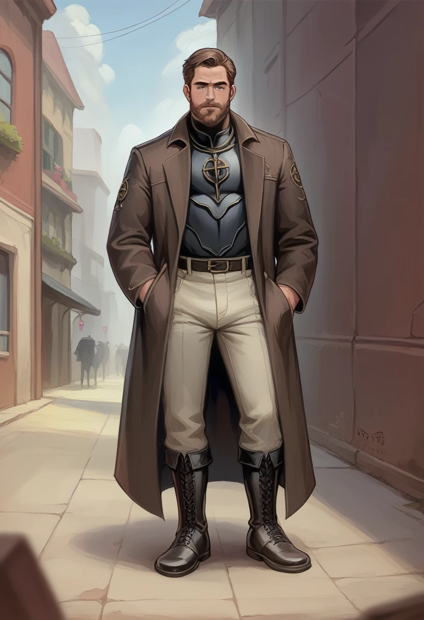 "Create an image of a male character standing and looking directly at the camera. He is tall and slender, with a well-groomed brown beard and medium-length brown hair. His outfit is distinct from typical detective attire, featuring a fitted, long coat with high shoulders, a sleek, dark tunic underneath, and tight leather pants tucked into tall boots. The coat has metallic embellishments and a series of buckles along the chest, giving it a more angular and modern look. His gloves are fingerless, revealing long, thin fingers. His expression is sharp and calculating, exuding a quiet intensity. The background should be a shadowy alley with a mix of gothic and futuristic architecture, emphasizing his lean frame."