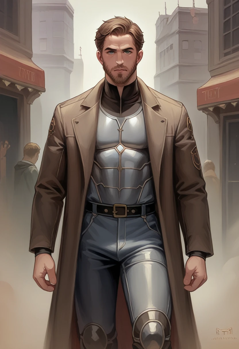 "Create an image of a male character standing and looking directly at the camera. He is tall and slender, with a well-groomed brown beard and medium-length brown hair. His outfit is distinct from typical detective attire, featuring a fitted, long coat with high shoulders, a sleek, dark tunic underneath, and tight leather pants tucked into tall boots. The coat has metallic embellishments and a series of buckles along the chest, giving it a more angular and modern look. His gloves are fingerless, revealing long, thin fingers. His expression is sharp and calculating, exuding a quiet intensity. The background should be a shadowy alley with a mix of gothic and futuristic architecture, emphasizing his lean frame."

