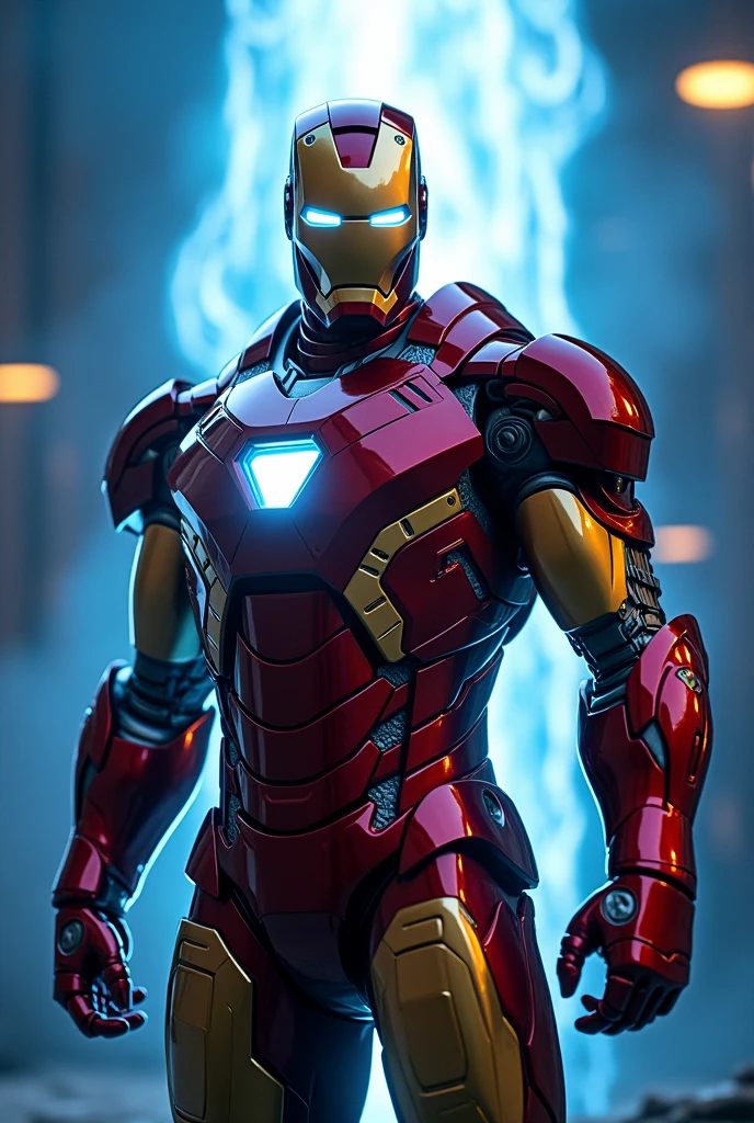 (photorealism:1.2), iron man with his helmet standing with a blazing blue light behind him