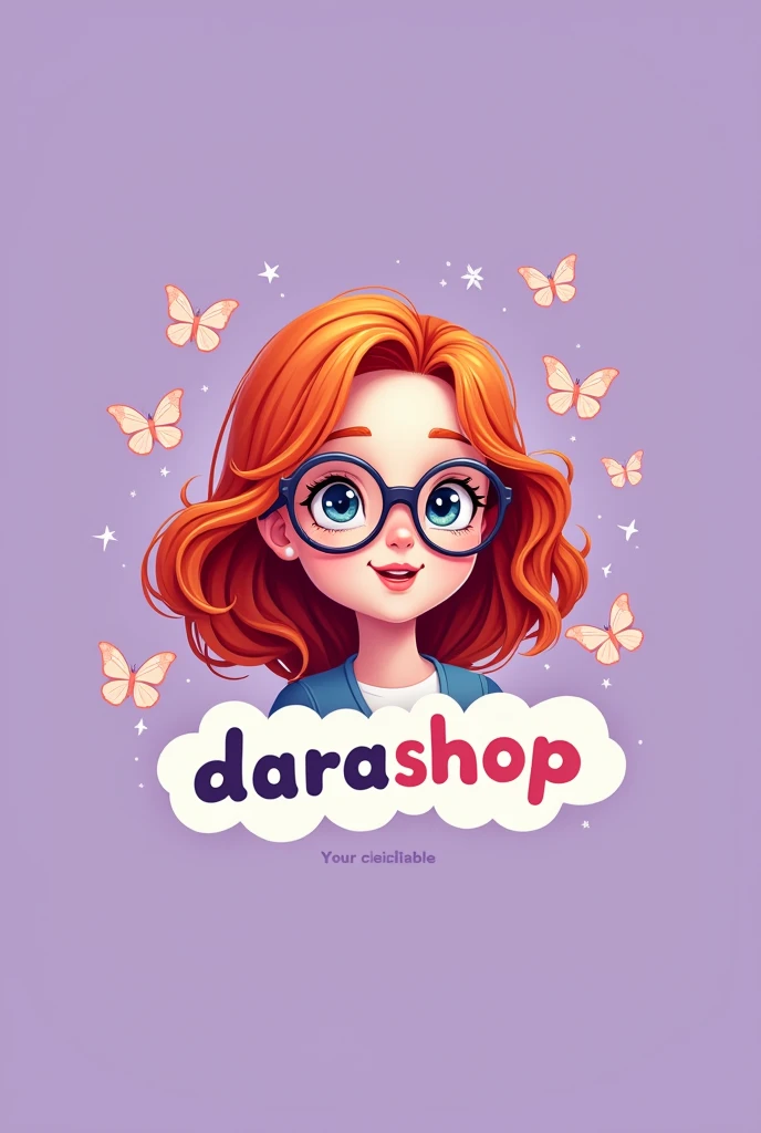 logo in 2d, of a white girl with copper hair wearing glasses and saying DaraShop with butterflies in the purple letters