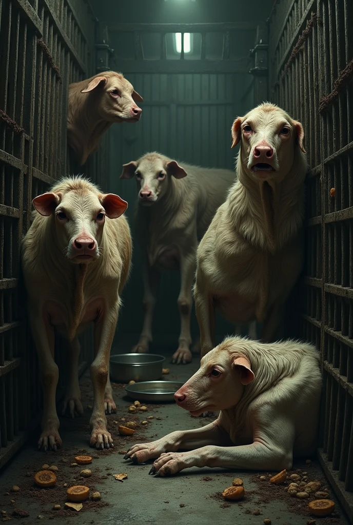 Generate an image of animals being mistreated and suffering a lot