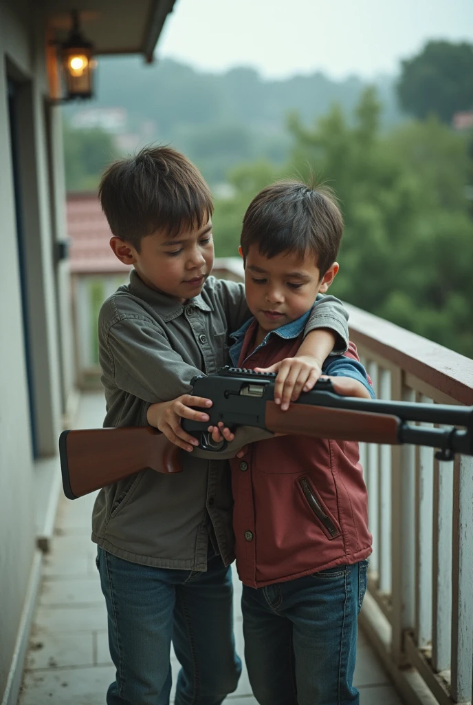 realistic photo of two children (of masculine gender) grappling with a gun(similar to a shotgun) on the terrace of a house. The photo is taken from a security camera children with different clothes and approximately , brown colored gun
