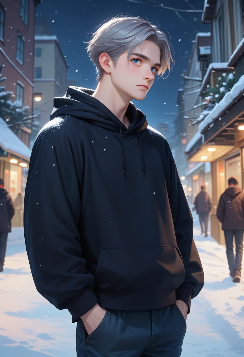 A young man with gray hair, mullet, blue eyes, black hoodie and long pants turned his back in the middle of a snowy city at night.