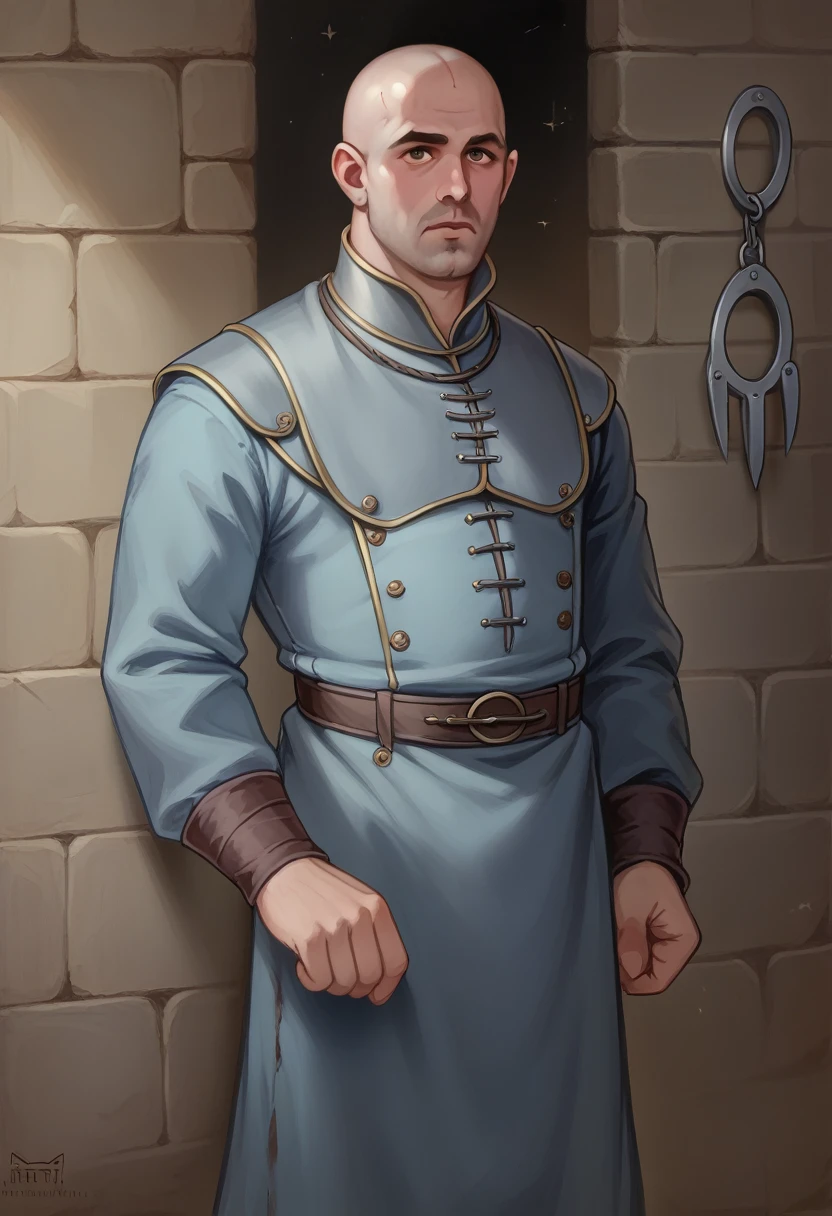 "Create an image of a male character for a visual novel, standing and looking directly at the camera. He is noticeably overweight, with a round face, double chin, and bald head with a few gray strands of hair around the sides. He wears a futuristic take on medieval clothing: a long, dark apron over a thick, slightly worn tunic, with various tools hanging from his belt. His hands are bare, showing thick fingers with signs of wear from years of work. His expression is a blend of professionalism and fatigue, reflecting his extensive experience as a medical examiner. The background should be a dimly lit examination room, featuring stone walls with gothic elements and advanced, subtly glowing equipment."