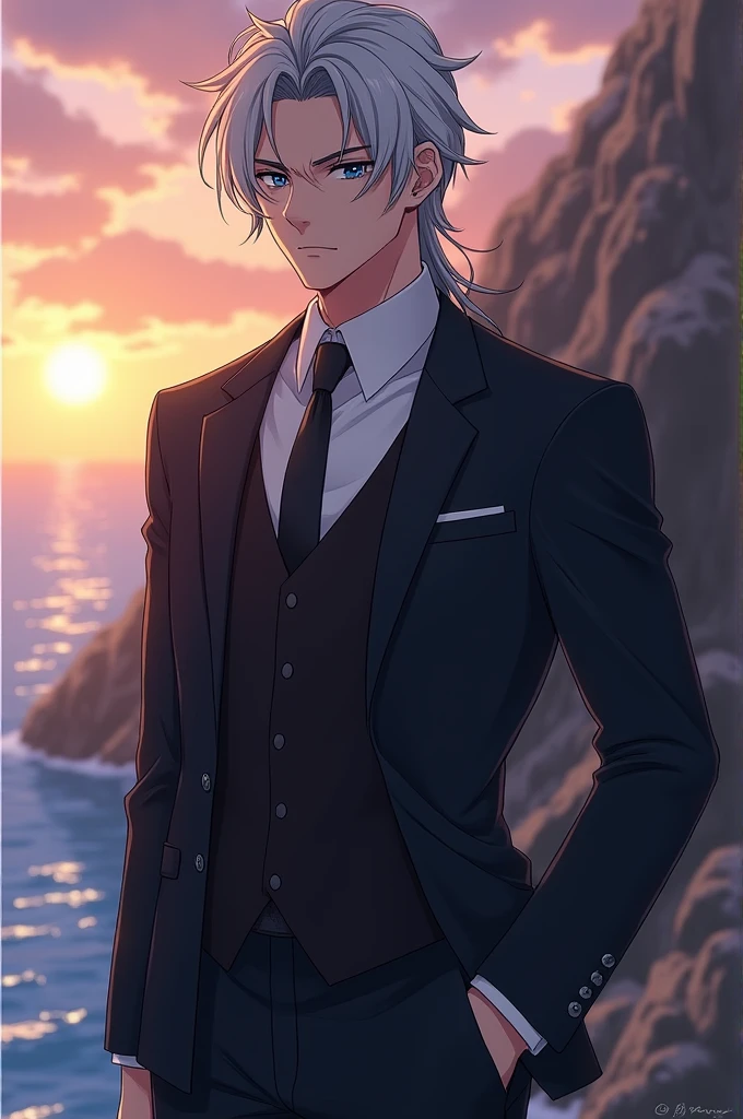 Well look, I just want a very very realistic anime character with a suit that can be seen from the waist up, The background should be standing in front of a cliff and the sea in the background while it is sunset, Its characteristics are, dull silver hair color, His eyes are a very dull crystal blue and his gaze is serious., your hair should not be so long, I want part of my hair combed back, that he looks serious and that he is mature, about 2, physically strong, imposing, sensual 