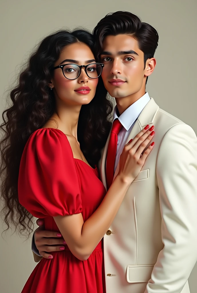 um casal, a has long 3B curly hair and dark brown eyes, and wears glasses she wears a red dress with puffed sleeves and he wears a white suit with a red tie, he has very sparkling green eyes and he has black hair. they're young. More realistic Take this same photo, but change her eye color, put brown