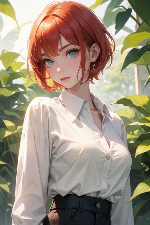 a young white girl, with green eyes, and redhead, and white button-down shirt, short-hair