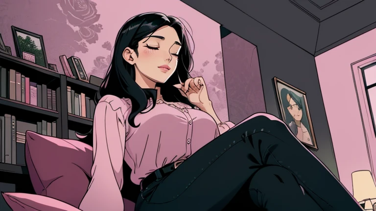 Beautiful woman in her 30s with black hair is sitting on the sofa. Looking down, eyes closed, LOFI girl, alone in the room, blouse, cozy wallpaper, big cushion, bookshelf, relaxing mood, night core, cozy, wide glass window with skyscrapers, outside view at night, only five fingers, pink wall,