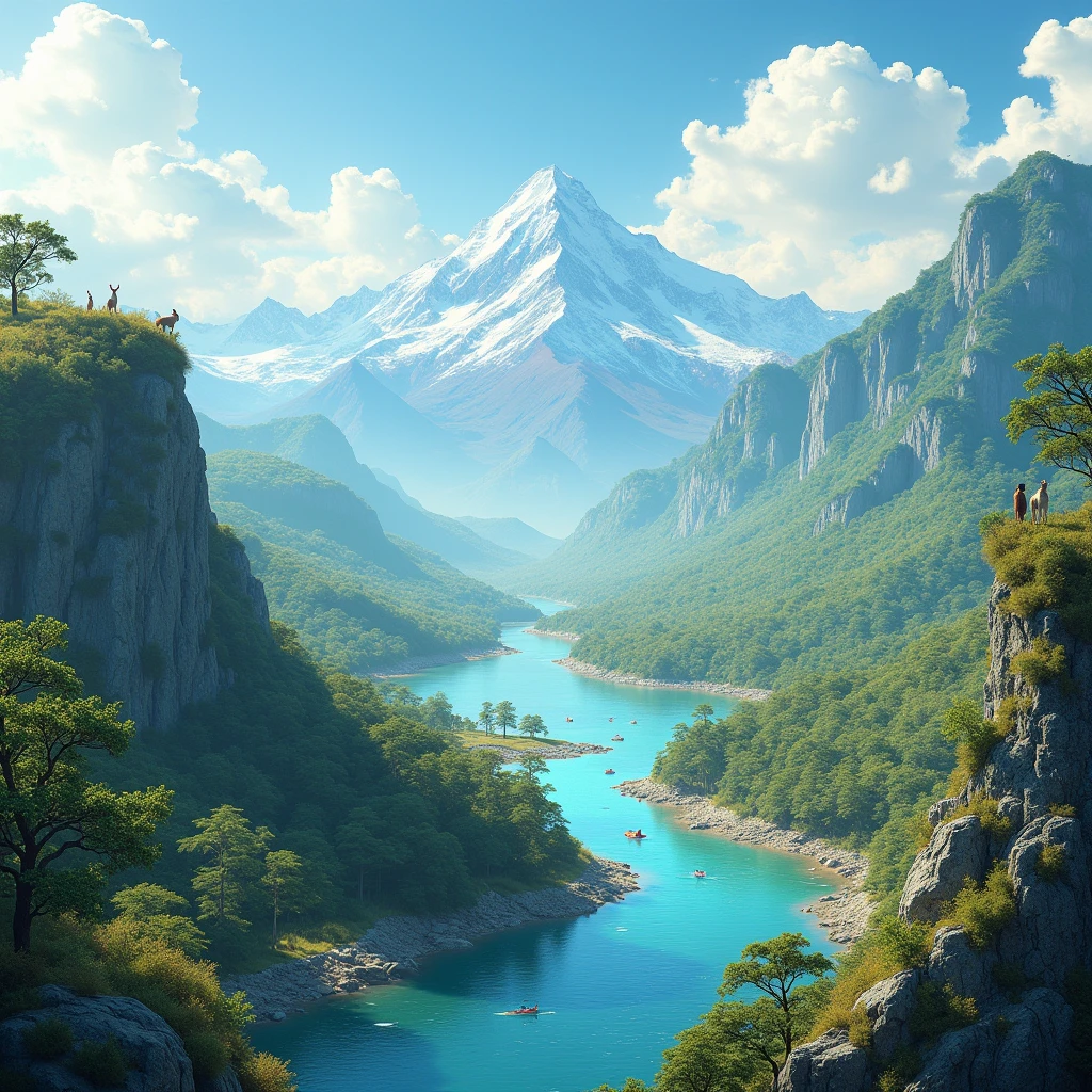 a highly detailed photorealistic landscape, rolling hills, lush forests, majestic mountains, vibrant colors, dynamic lighting, breathtaking vistas, pristine nature, crystal clear waters, abundant wildlife, sustainable architecture, renewable energy, minimal human impact, tranquil and serene atmosphere, sense of wonder and hope for the future, (best quality,4k,8k,highres,masterpiece:1.2),ultra-detailed,(realistic,photorealistic,photo-realistic:1.37),landscape,HDR,UHD,studio lighting,ultra-fine painting,sharp focus,physically-based rendering,extreme detail description,professional,vivid colors,bokeh