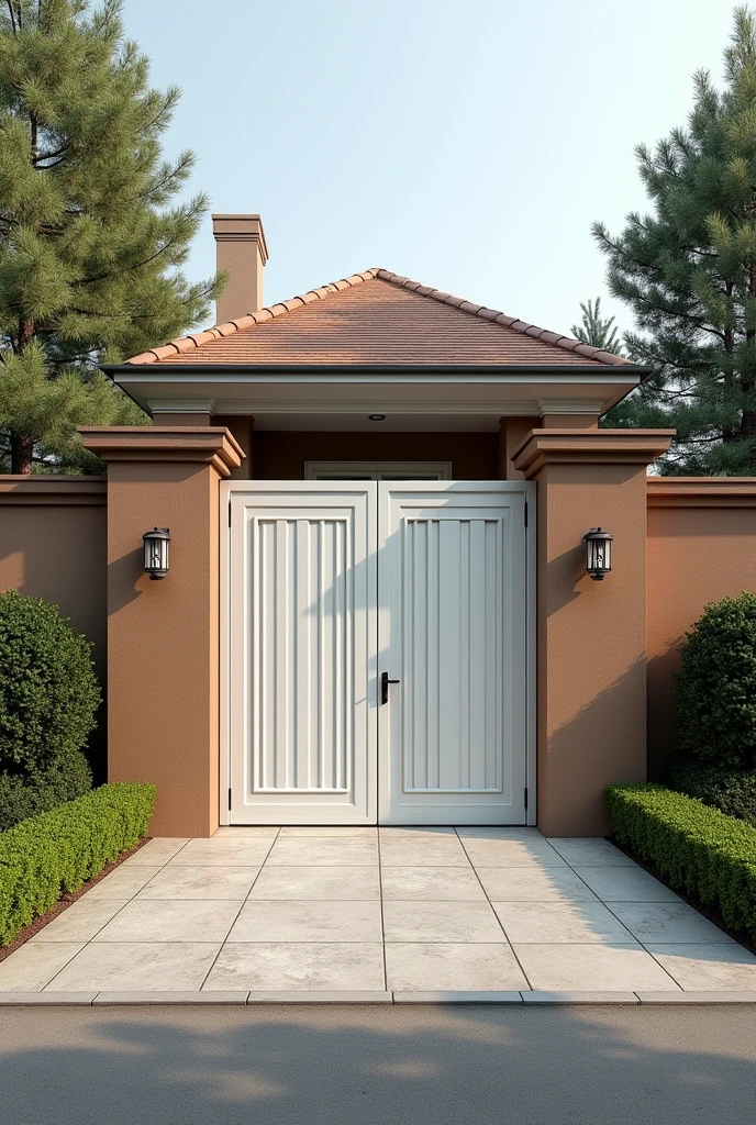 I have a 40-meter linear wall with a metal social gate painted white. (gate all closed, no air passage) and side columns painted in monkey brown, I need examples of designers for the wall, has a coarse plaster texture, Give me photos of how I can improve the wall to make it more beautiful 