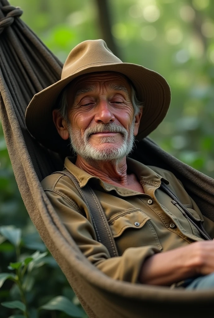 a thin 80-year-old man who doesn't have a mustache lying in a hammock wearing a slouch hat to use as a cake topper
