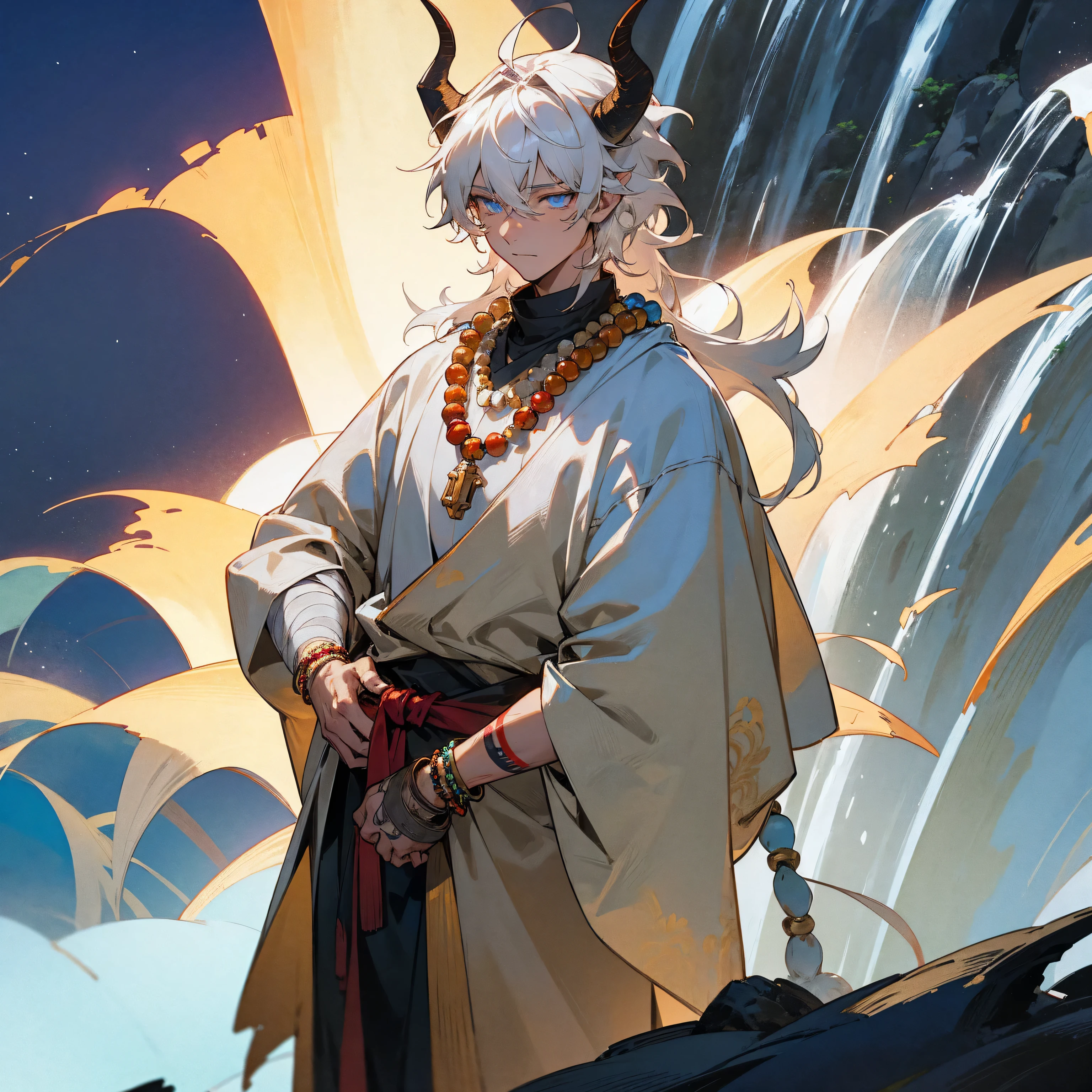 1male, young adult, tan skin, finely detailed glowing blue eyes, medium messy hair, white hair color, bandages wrapped around arms, prayer bead necklace, prayer bead bracelet, standing with hands in pocket, standing on mountain trail, waterfall, night, somber expression, ((detailed eyes)), ((horns)), red tattoos on chest