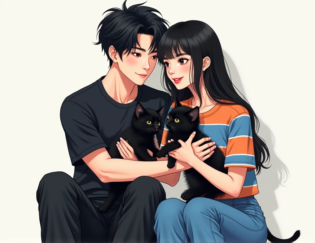 A tall adult man with black hair in the kpop idol style, korean traits, White skin y vestido con jeans negros y un jersey ????? junto a una mujer adulta con korean traits de cabello largo y ????? al estilo de una idol de kpop, White skin, dressed in blue trousers and a jersey with blue and orange stripes. Both hugging two black kittens manhwa style