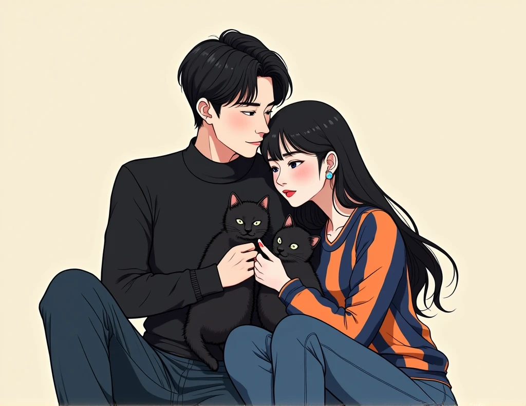 A tall adult man with black hair in the kpop idol style, korean traits, White skin y vestido con jeans negros y un jersey negro junto a una mujer adulta con korean traits de cabello largo y negro al estilo de una idol de kpop, White skin, dressed in blue trousers and a jersey with blue and orange stripes. Both hugging two black kittens manhwa style