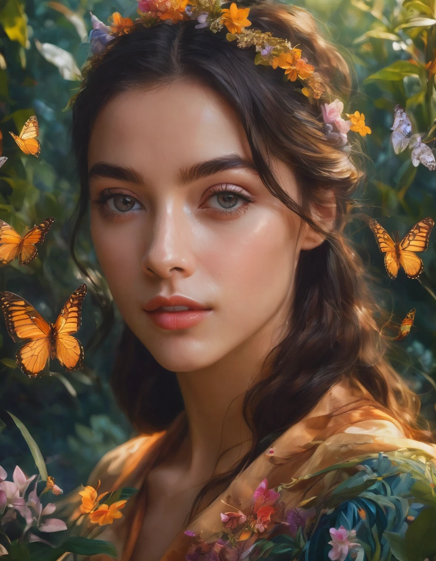 a beautiful young girl in a lush garden, detailed face and eyes, long eyelashes, beautiful detailed lips, extremely detailed facial features, 1girl, oil painting, detailed foliage, flowers, butterflies, birds, sunlight filtering through the trees, warm color palette, dramatic lighting, cinematic composition, photorealistic, (best quality,4k,8k,highres,masterpiece:1.2),ultra-detailed,(realistic,photorealistic,photo-realistic:1.37),professional, vivid colors