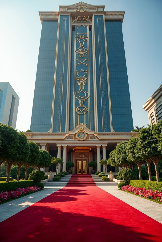 A luxurious, presidential standard company headquarters with the name NEXUS(CEO) on it and red carpet on entrance with Singaporean and architecture,grass, flowers and on it's own space and compound where is the name NEXUS (CEO) can't see the words I want it more bold and exquisite where are the writing 