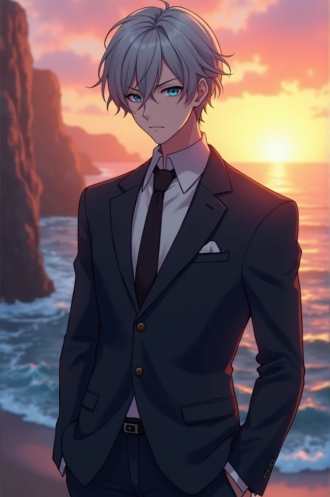 Well look, I just want a very very realistic anime character with a suit that can be seen from the waist up, The background should be standing in front of a cliff and the sea in the background while it is sunset, Its characteristics are, dull silver hair color, His eyes are a very dull crystal blue and his gaze is serious., your hair should not be so long, I want part of my hair combed back, that he looks serious and that he is mature, about 2, physically strong, imposing, sensual