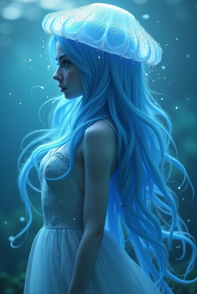 of a medium-sized 1 jellyfish, long blue hair, hybrid with jellyfish with sweet blue jellyfish tentacles: