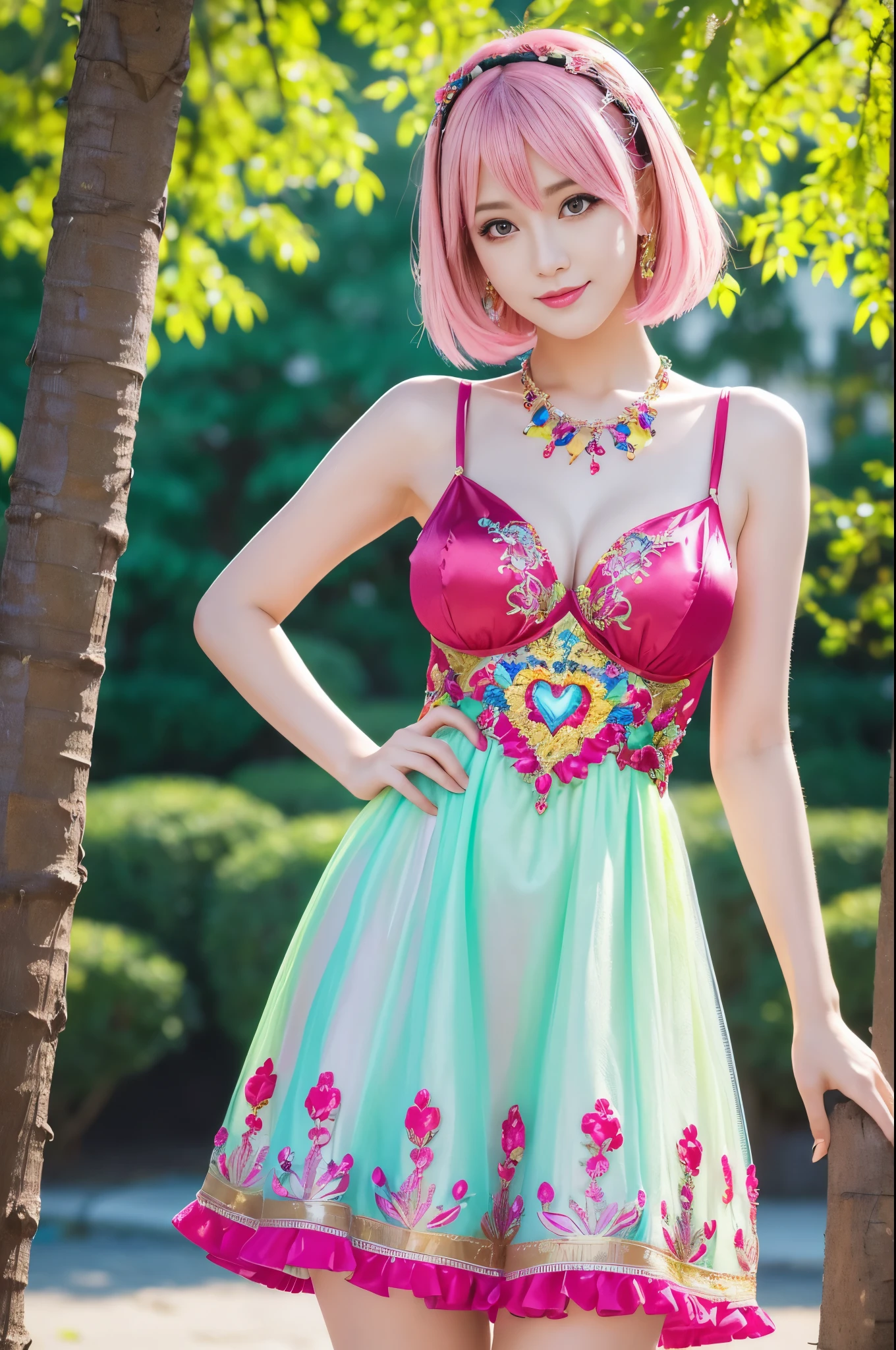 (masterpiece:1.4), (best quality:1.4), ultra high res, ultra high resolution, ((detailed facial features)), HDR, (realistic, photorealistic, photo-realistic:1.37), full body Esbian, sexy swedish model, (-anime), only 1 model, vivid colors, ((vivid colors colorful (pink, lime, light blue) very short hair)), sexy smile, lipgloss, long lashes, defined eyebrows, wearing large sparkling colorful jewelery, wearing a red silk Paradise Kiss cosplay dress with black floral embroidery, ((vivid colors outfit)), vivid colors, look at the camera, cinematic light, large park background with trees, sweet and sexy pose