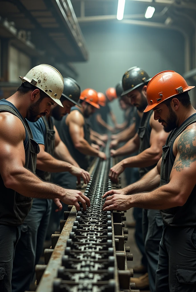 9 rugged, robust and weak men, working with a helmet in a communications company


