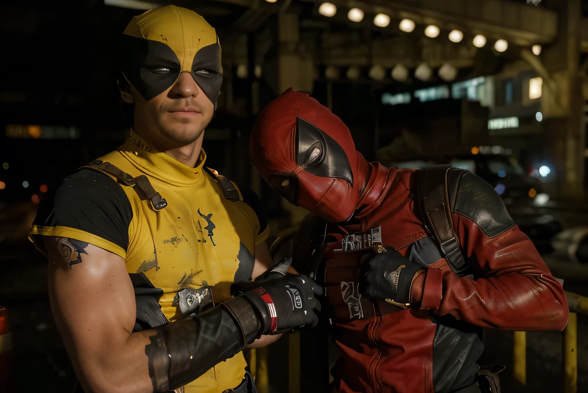 (Best quality, 8k, 32k, Masterpiece, UHD:1.2) To transform the setting of the image into the iconic freeway overpass scene from the first Deadpool movie, imagine an urban, gritty environment. The overpass is a concrete giant, with multiple lanes of traffic either side of the central divider. The concrete walls are stained with years of wear, and the road surface is cracked in places, showing signs of heavy use. Above, the sky is a cloudy gray, adding to the grimy atmosphere. The overpass rises above a chaotic mix of roadways below, crisscrossed with smaller roads and alleys. ((Wolverine))

Lining the sides of the freeway, you might see rusted metal barriers, graffitied and dented from countless collisions. In the distance, tall, nondescript buildings loom, their windows reflecting the dim light. The scene is tense, with an underlying sense of danger, as if something explosive is about to happen. The setting is stark, with minimal distractions, drawing all attention to the center where the action is about to unfold.

Everything about this environment screams urban decay and imminent chaos, a perfect stage for Deadpool’s outrageous and chaotic battle. The whole atmosphere is raw and unrefined, perfectly matching Deadpool’s irreverent and over-the-top style.