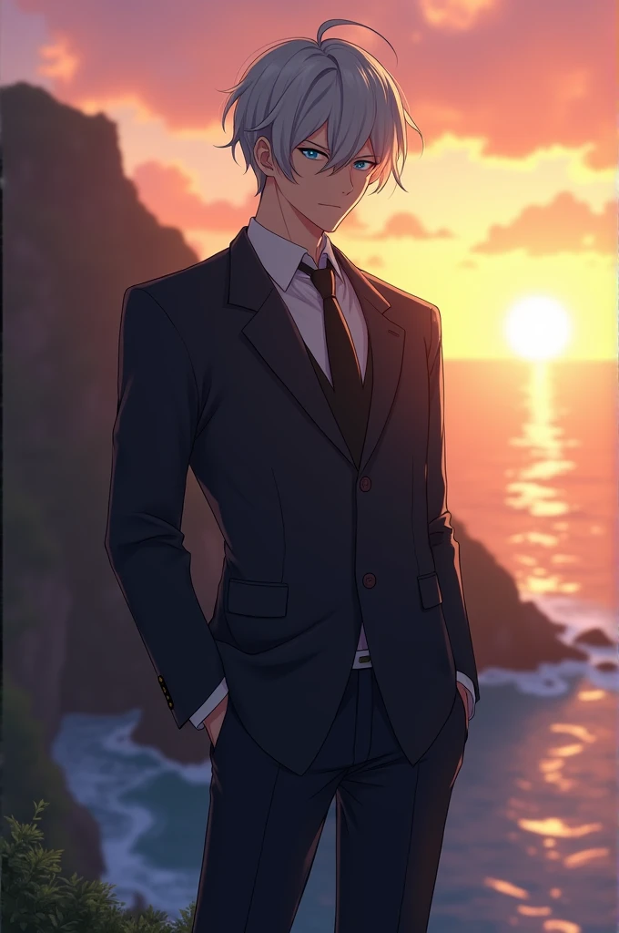 Well look, I just want a very very realistic anime character with a suit that can be seen from the waist up, The background should be standing in front of a cliff and the sea in the background while it is sunset, Its characteristics are, dull silver hair color, His eyes are a very dull crystal blue and his gaze is serious., your hair should not be so long, I want part of my hair combed back, that he looks serious and that he is mature, about 2, physically strong, imposing, sensual 