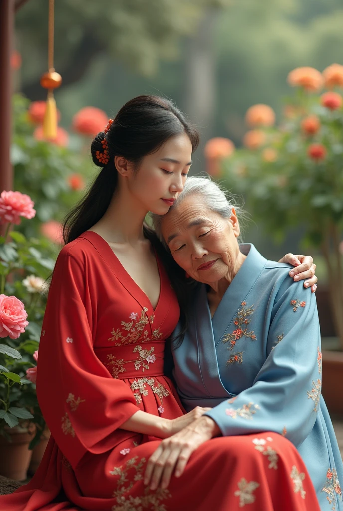 A Korean girl, beautiful, gentle, with her old mother, but still looks beautiful. They dress modernly. The girl wears a red dress with floral motifs. The mother wears a blue dress, bamboo motifs. They sit on the terrace of a beautiful house, with colorful flowers. The girl sits next to her mother, her head on her mother's lap.