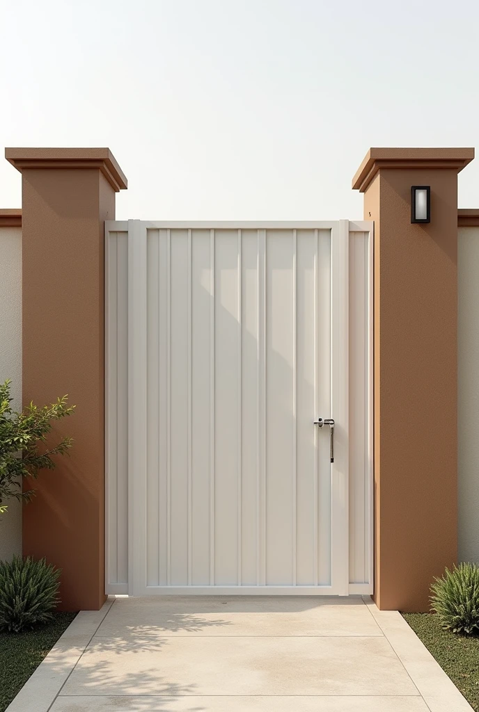 I have a 40-meter linear wall with a metal social gate painted white. (gate all closed, no air passage) and side columns painted in monkey brown, I need examples of designers for the wall, It has a thick roughcast texture painted in sand color, Give me photos of how I can improve the wall to make it more beautiful