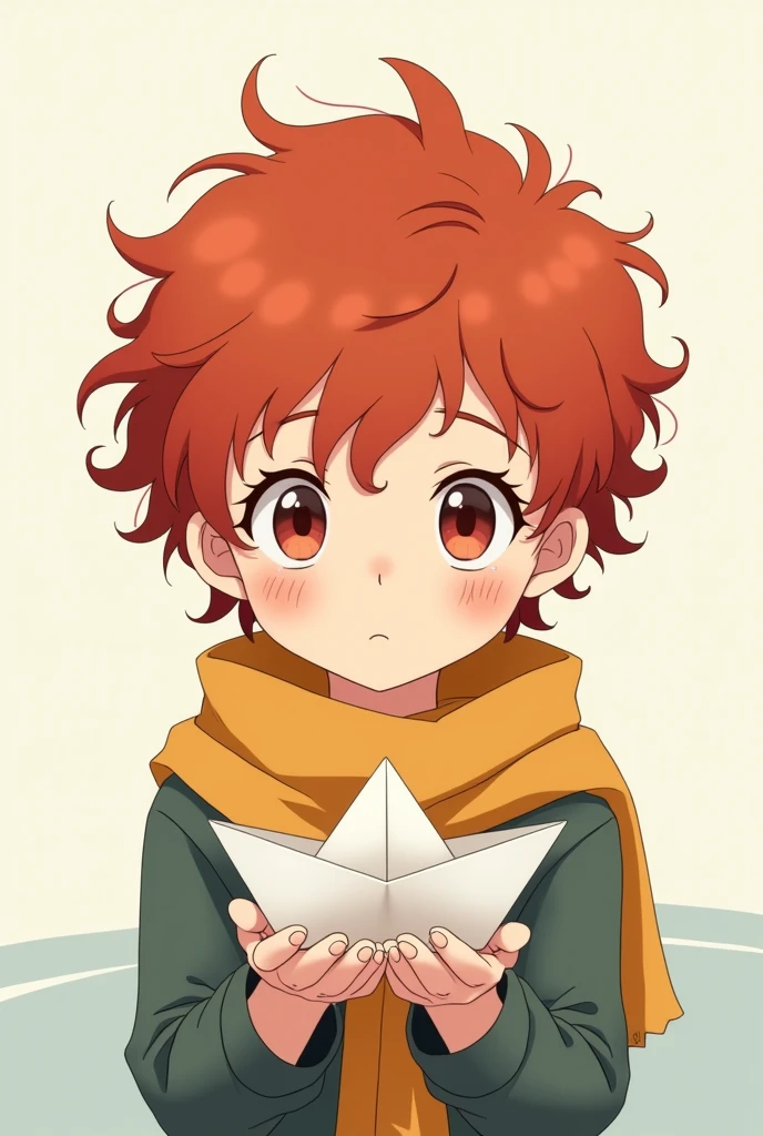 anime drawing of a shy redheaded boy with curly hair and freckles and wearing a scarf and holding a paper boat