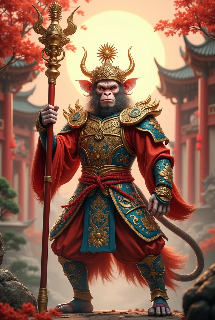 Good quality, 8k, Sun Wukong, the monkey king, in divine armor, with a divine stick in his hands, the atmosphere of Chinese culture