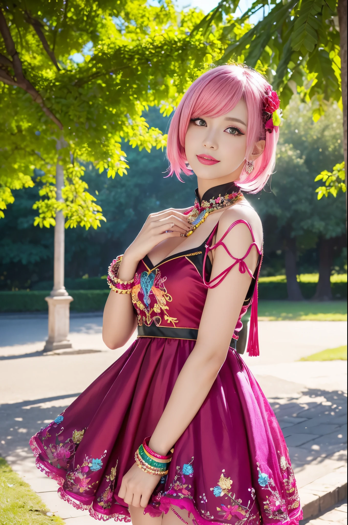 (masterpiece:1.4), (best quality:1.4), ultra high res, ultra high resolution, ((detailed facial features)), HDR, (realistic, photorealistic, photo-realistic:1.37), full body Esbian, sexy swedish model, (-anime), only 1 model, vivid colors, ((vivid colors colorful (pink, lime, light blue) very short hair)), sexy smile, lipgloss, long lashes, defined eyebrows, wearing large sparkling colorful jewelery, wearing a red silk Paradise Kiss cosplay dress with black floral embroidery, ((vivid colors outfit)), vivid colors, look at the camera, cinematic light, large park background with trees, sweet and sexy pose