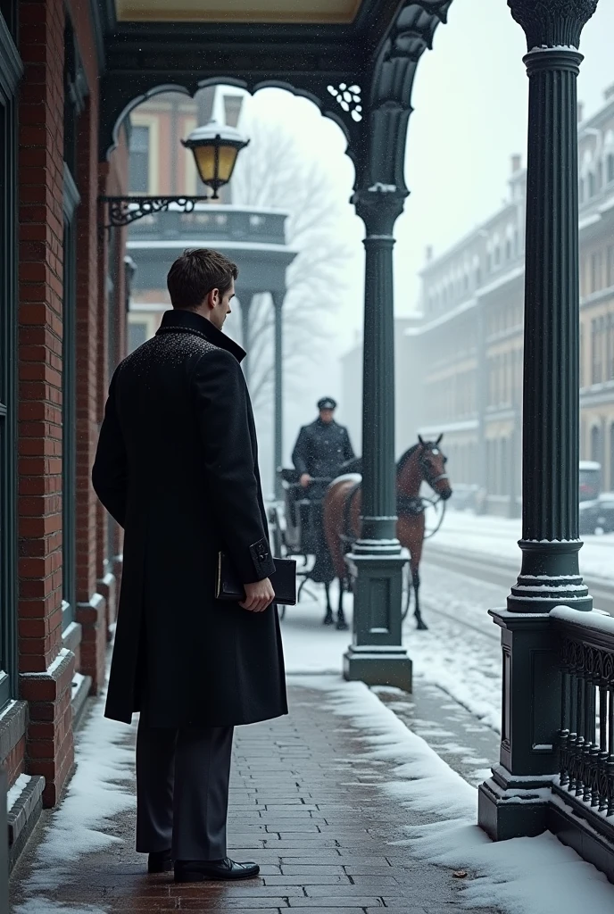 generates an image in the Victorian era, where it is snowing, Inside the city, There is a man with his back turned wearing a black coat and holding a black notebook in his right hand, There is a carriage passing by on the street and he is on the porch of his mansion in the capital city.