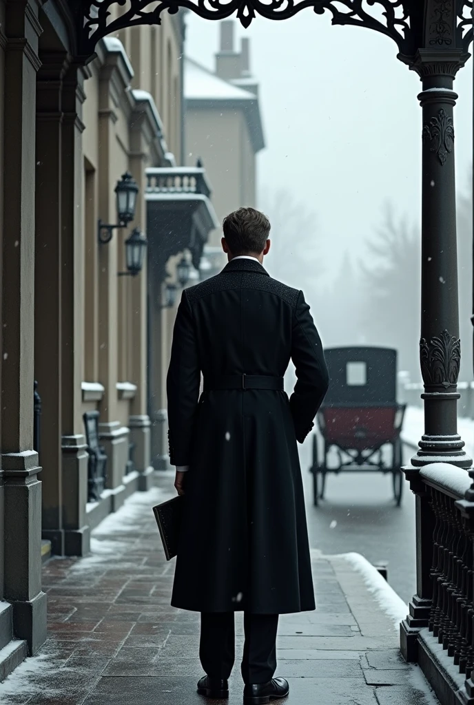 generates an image in the Victorian era, where it is snowing, Inside the city, There is a man with his back turned wearing a black coat and holding a black notebook in his right hand, There is a carriage passing by on the street and he is on the porch of his mansion in the capital city.