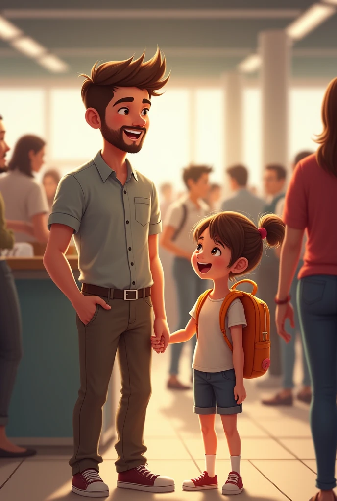 Father and daughter waiting in line