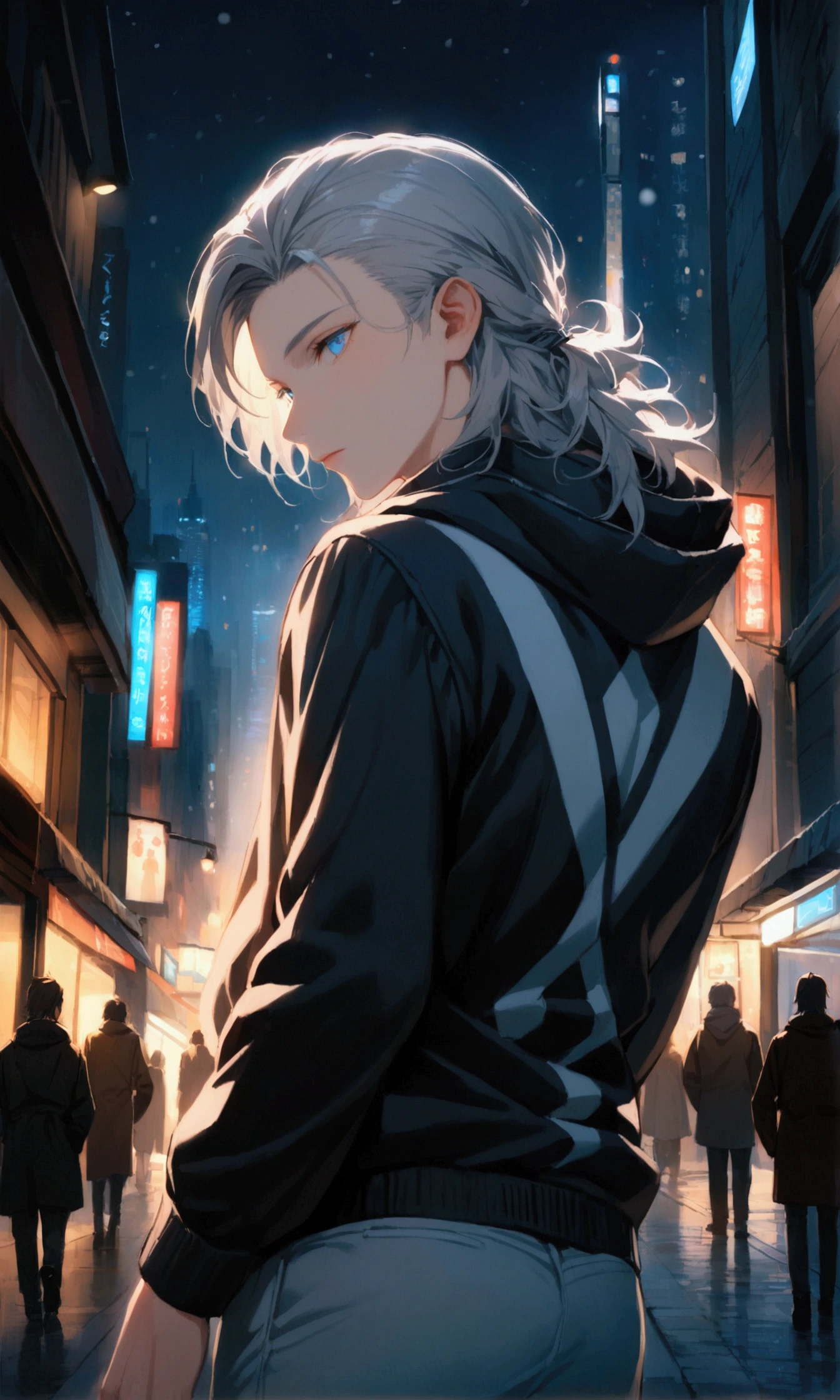 A young man with gray hair, mullet, blue eyes, black hoodie and long pants turned his back in the middle of a snowy city at night.