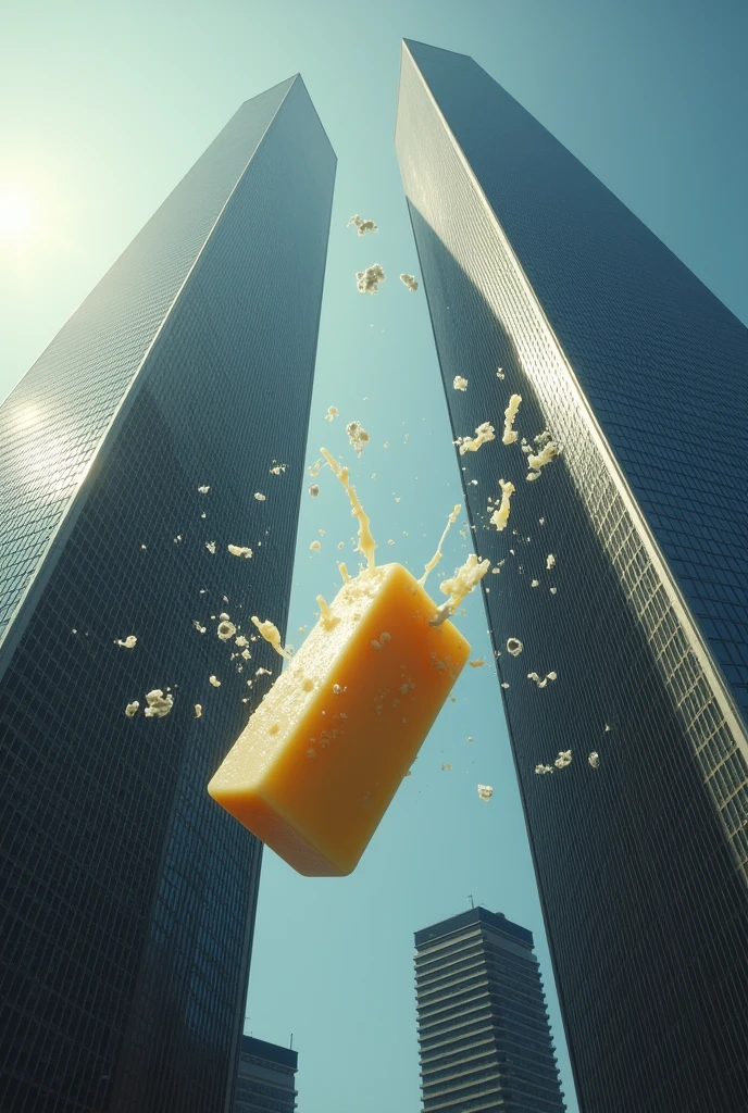 A common soap crashing into the twin towers, with a perspective from above