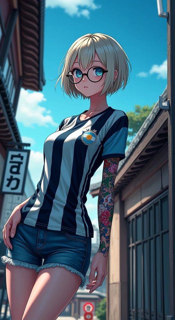 Create a hyper-realistic anime-style illustration of a young woman with an edgy, modern aesthetic against a traditional Japanese backdrop. The character should have short, platinum blonde hair in a bob cut, with wispy bangs framing her face. Her eyes should be a vivid blue, slightly obscured by round, oversized glasses. Dress her in an Argentina national football team jersey, blue and white striped, replacing the original demon-faced shirt. Pair this with frayed denim shorts. Adorn her right arm with a full sleeve of vibrant, traditional Japanese-style tattoos, featuring koi, cherry blossoms, and waves. Add a matching thigh tattoo on her left leg. Position her leaning casually against the entrance of a traditional Japanese building, with sliding wooden doors and a banner displaying kanji characters. Include details like a red circular sign and a street number plate. The lighting should be warm and natural, casting soft shadows and highlighting the textures of the wooden structure and stone pathway. Employ a soft, slightly diffused art style that balances photorealistic elements with anime aesthetics. Pay meticulous attention to details such as the fabric wrinkles in the jersey, the shine on her hair, and the intricate patterns in her tattoos. The overall composition should convey a striking contrast between modern youth culture and traditional Japanese architecture.