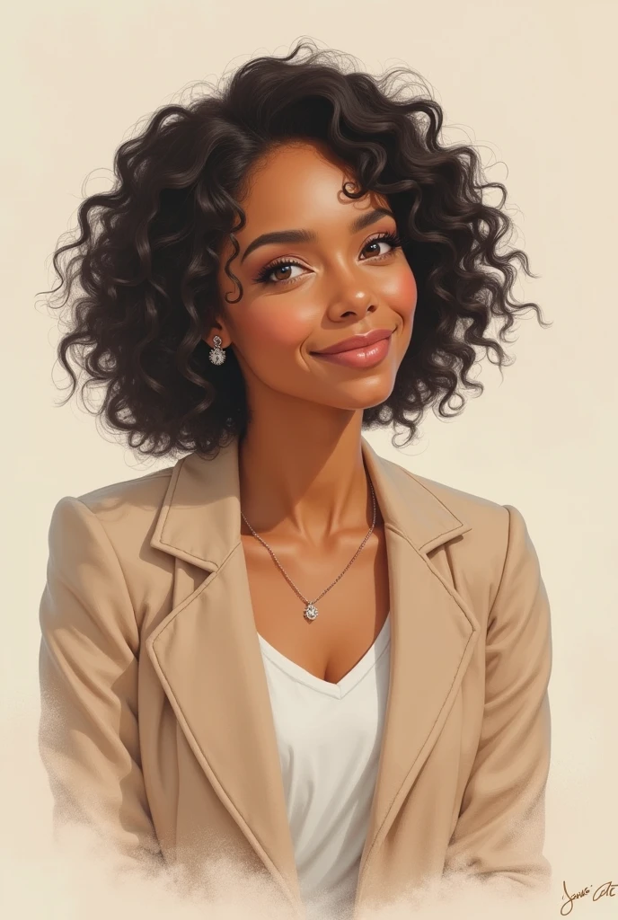 Drawing of a modest woman,smart,you knew,ready to help and advise. Smiling pose,dark curly hair in a hairstyle