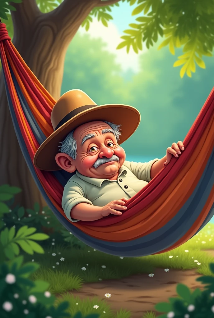 cartoon of a thin 80 year old man WITHOUT A MUSTACHE lying in a hammock wearing a slobber hat to use as a cake topper