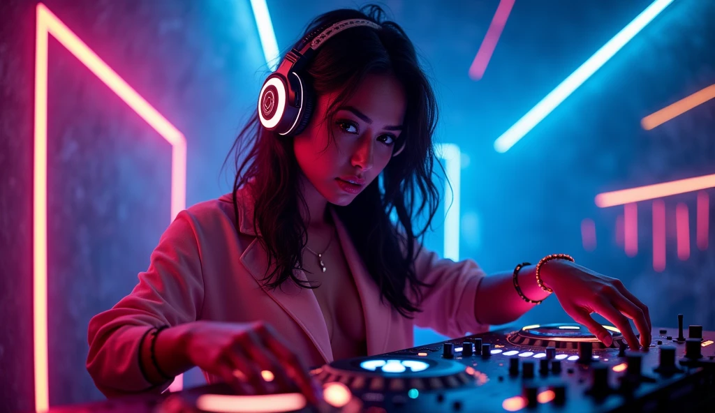 a sexy female DJ with clothes glowing in neon, headphones glowing in neon, the mixer glowing in neon, low-light environment