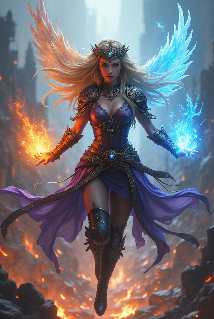 A beautiful young woman with a determined look, long flowing blonde and purple hair adorned with a intricatly detailed headpiece, wearing a battle tunic made of leather with flowing ribbons and chains laced with intricate details and gems. guild wars. (Large breasts), a battle mage wielding fire and ice powers, floating in the air amidst a crumbling city caught in an apocalyptic event. Winged demons attack appearing through portals. Masterpiece, highly detailed, 4k. Epic and dynamic lighting with deep shadows and highlights from magical powers.