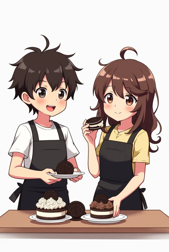 Boy in black apron holding plate with oreo cream and Girl in black apron holding plate with oreo sandwich anime White background 