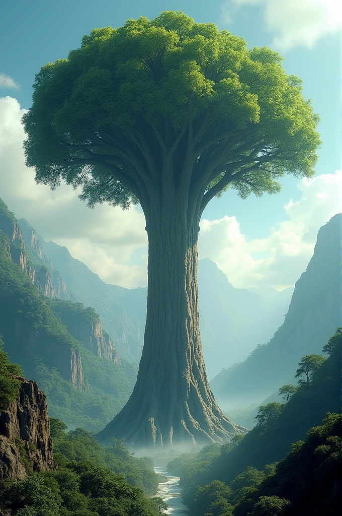 giant tree, pre-flood, Prehistoric, bigger than mountains, 2km tall tree with a canopy of giant green leaves, Full HD, 4K, PICTURE REALISTIC, real-life, in the middle of the mountains, hot tropical climate
