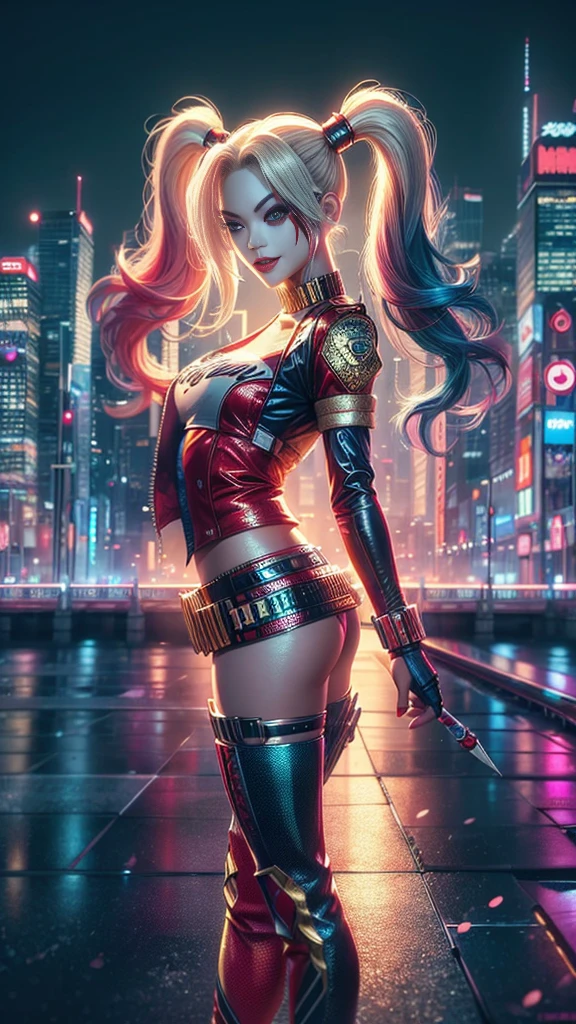 (high quality), (masterpiece), (detailed), 8K In a hyper-realistic digital rendering, a lone (Japanese girl1.2) stands amidst a futuristic cityscape, embodying the essence of (Harley Quinn1.3). Her vibrant attire clashes with the sleek, metallic surroundings, evoking a sense of rebellious energy. Trending on DeviantArt.